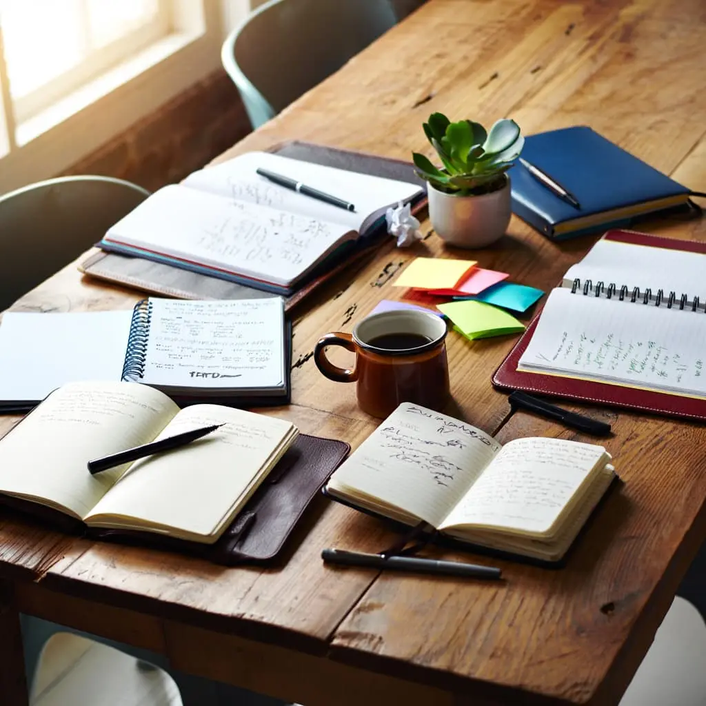 Creative writing workshop environment with notebooks and pens