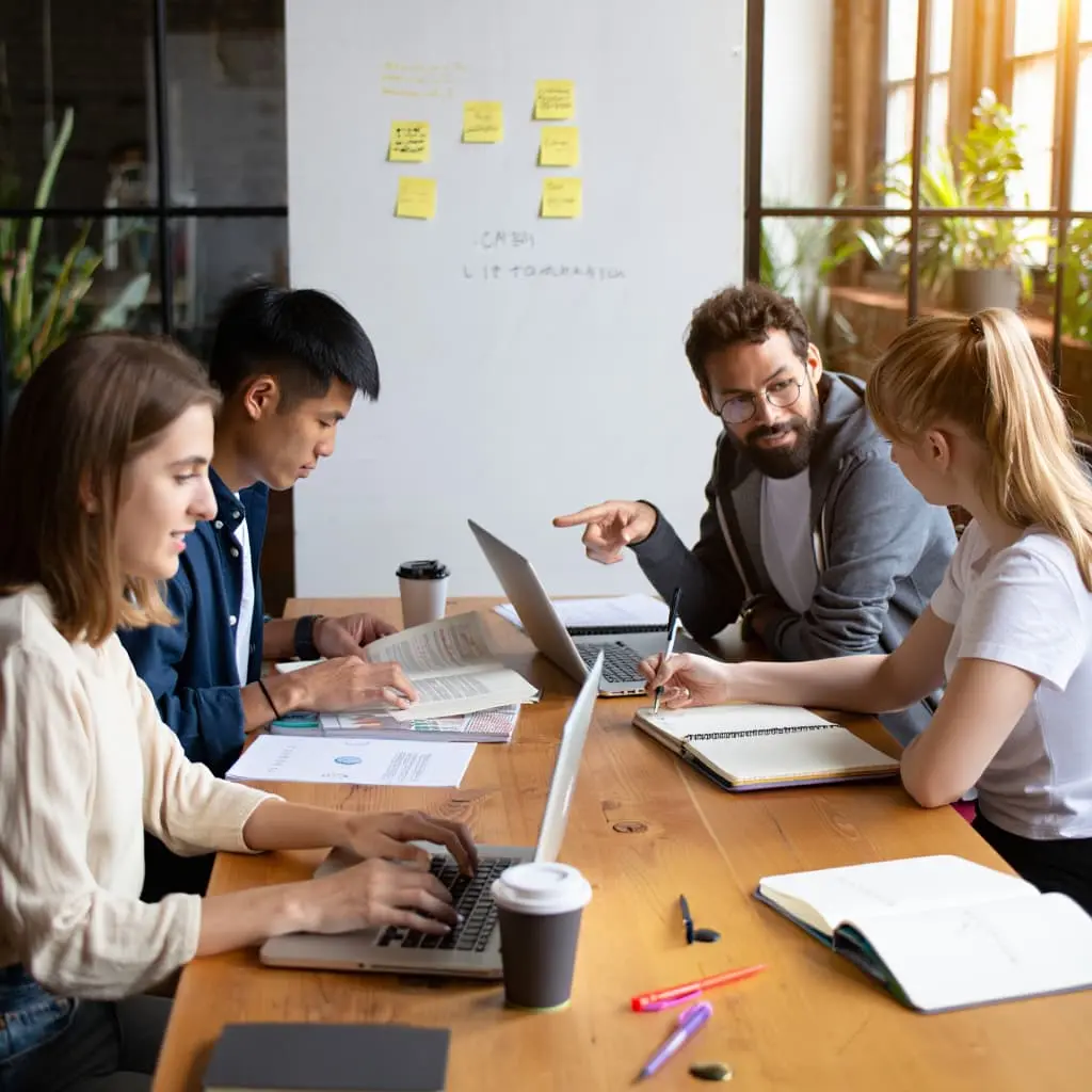 Creative team collaborating on writing project